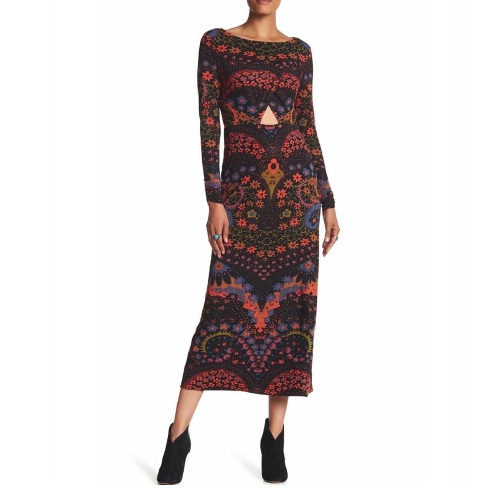 FREE PEOPLE Far Out Black Combo Maxi Dress Size Medium Dark Floral Cut Out Boho - Picture 8 of 13